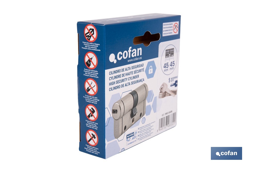 Cilindro Alta Seguridad de perfil europeo en acabado níquel | Varias medidas disponibles - Cofan