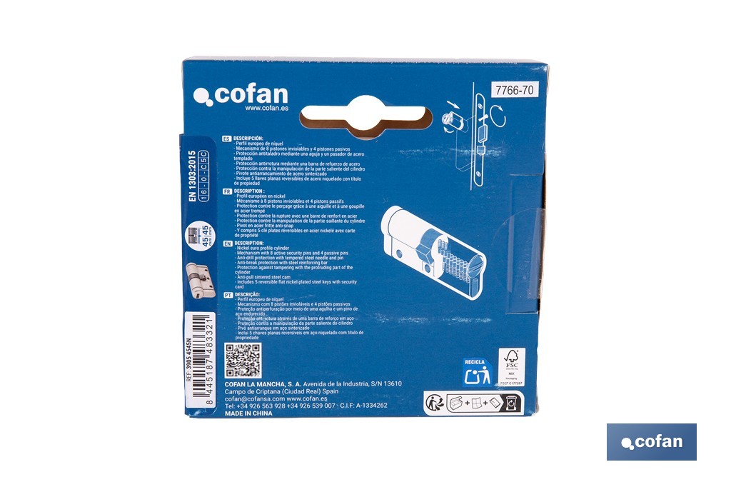 Cilindro Alta Seguridad de perfil europeo en acabado níquel | Varias medidas disponibles - Cofan