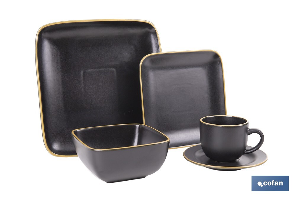 Vajilla de cerámica cuadrada en color negro con borde vintage | Set de 20 piezas | Apta para lavavajillas, microondas y horno - Cofan