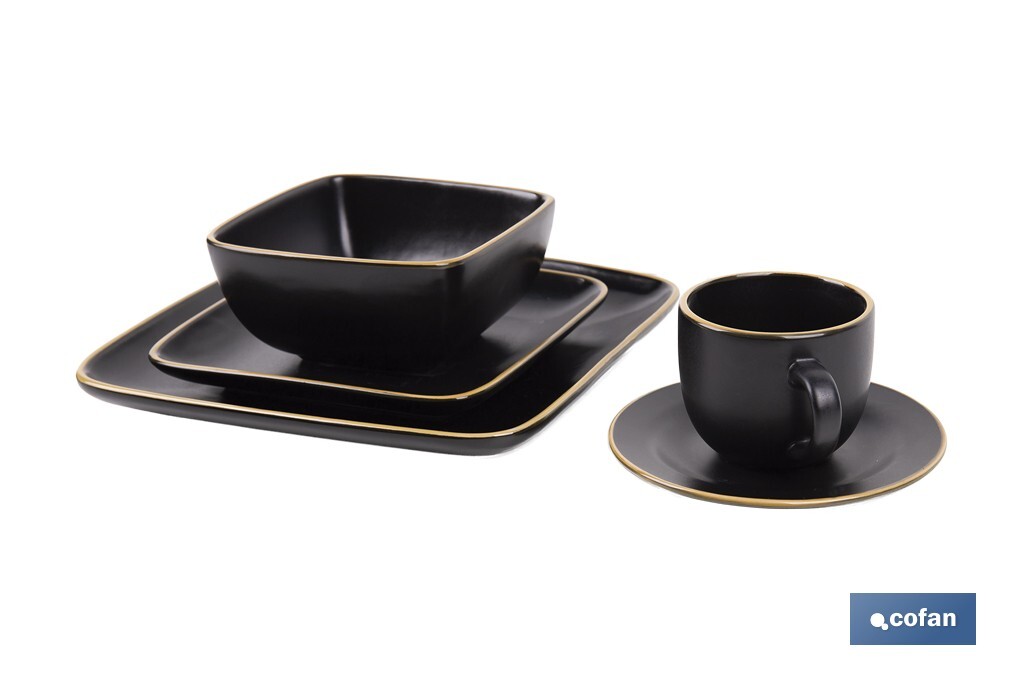 Vajilla de cerámica cuadrada en color negro con borde vintage | Set de 20 piezas | Apta para lavavajillas, microondas y horno - Cofan