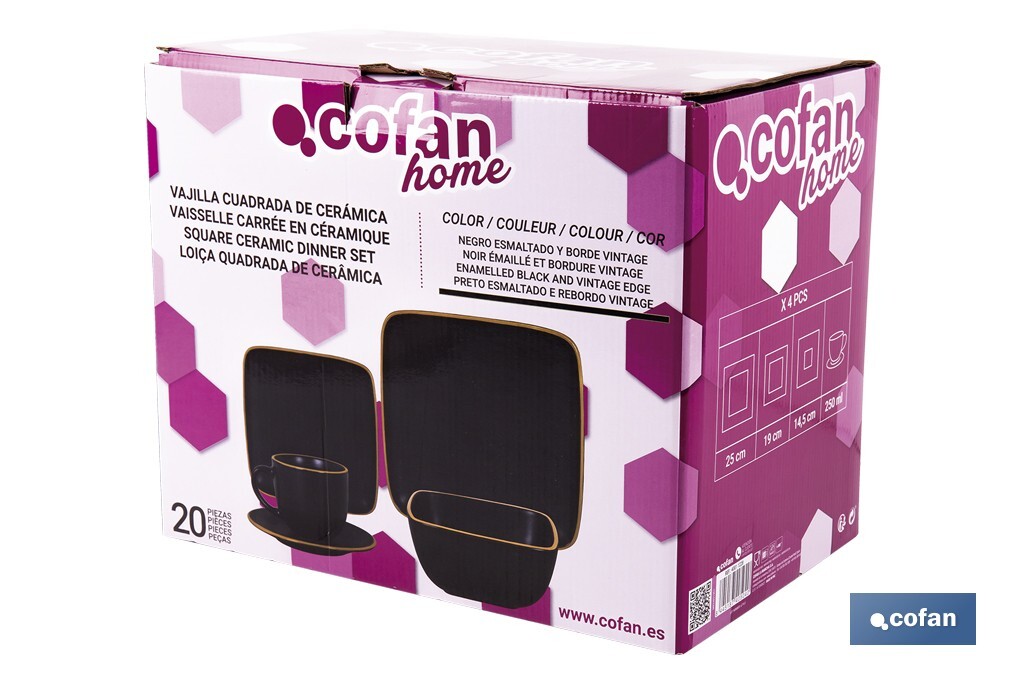 Vajilla de cerámica cuadrada en color negro con borde vintage | Set de 20 piezas | Apta para lavavajillas, microondas y horno - Cofan