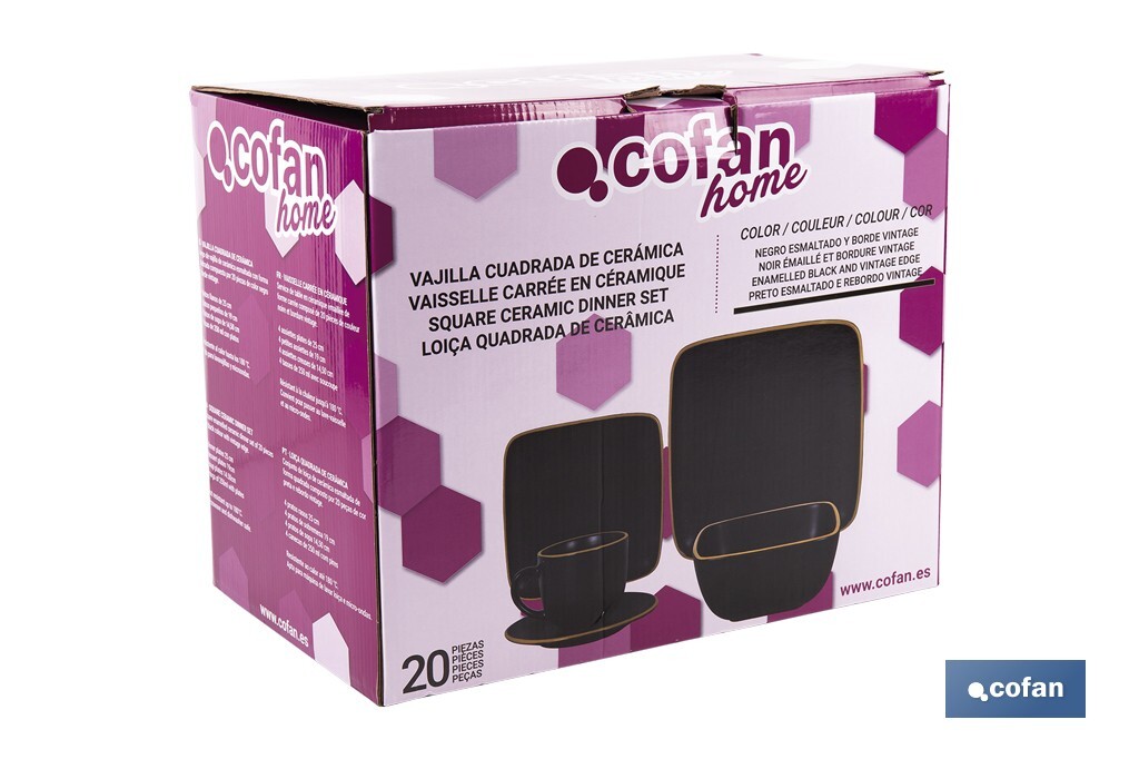 Vajilla de cerámica cuadrada en color negro con borde vintage | Set de 20 piezas | Apta para lavavajillas, microondas y horno - Cofan