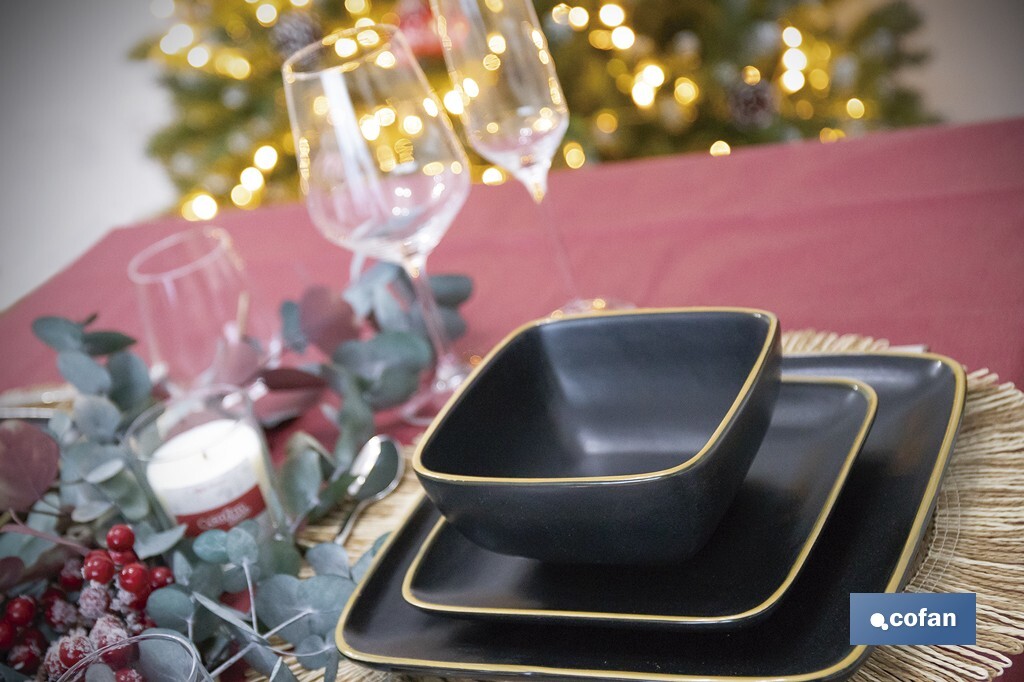 Vajilla de cerámica cuadrada en color negro con borde vintage | Set de 20 piezas | Apta para lavavajillas, microondas y horno - Cofan