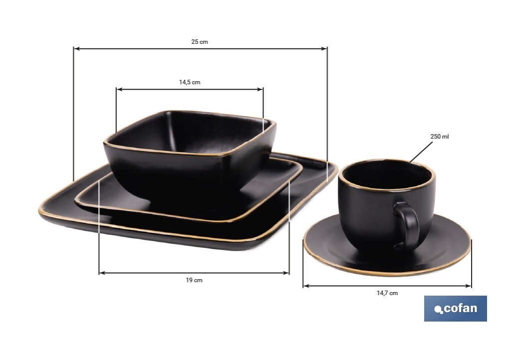 Vajilla de cerámica cuadrada en color negro con borde vintage | Set de 20 piezas | Apta para lavavajillas, microondas y horno - Cofan
