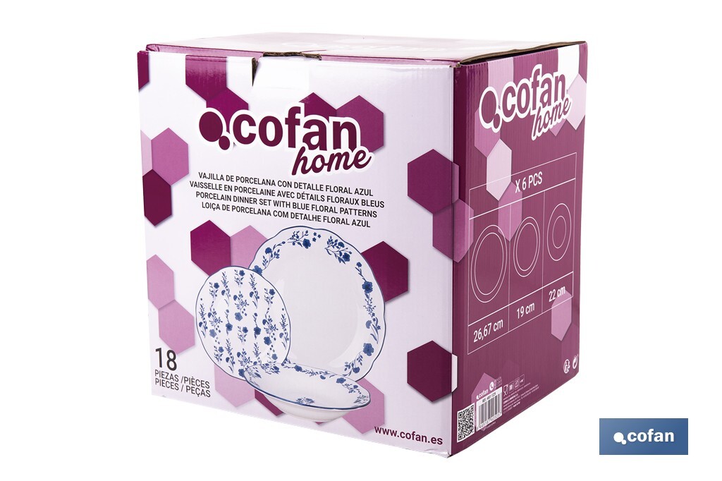 Vajilla de porcelana con flores azules | Set de 18 piezas | Adecuado para 6 personas | Apta para lavavajillas, microondas y horno - Cofan