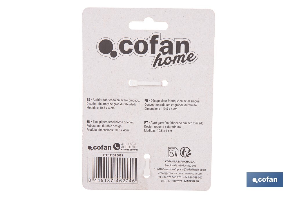 Abridor de botellas profesional | Material: acero cincado | Ideal para hostelería y uso doméstico | Medidas: 10,5 x 4 cm - Cofan