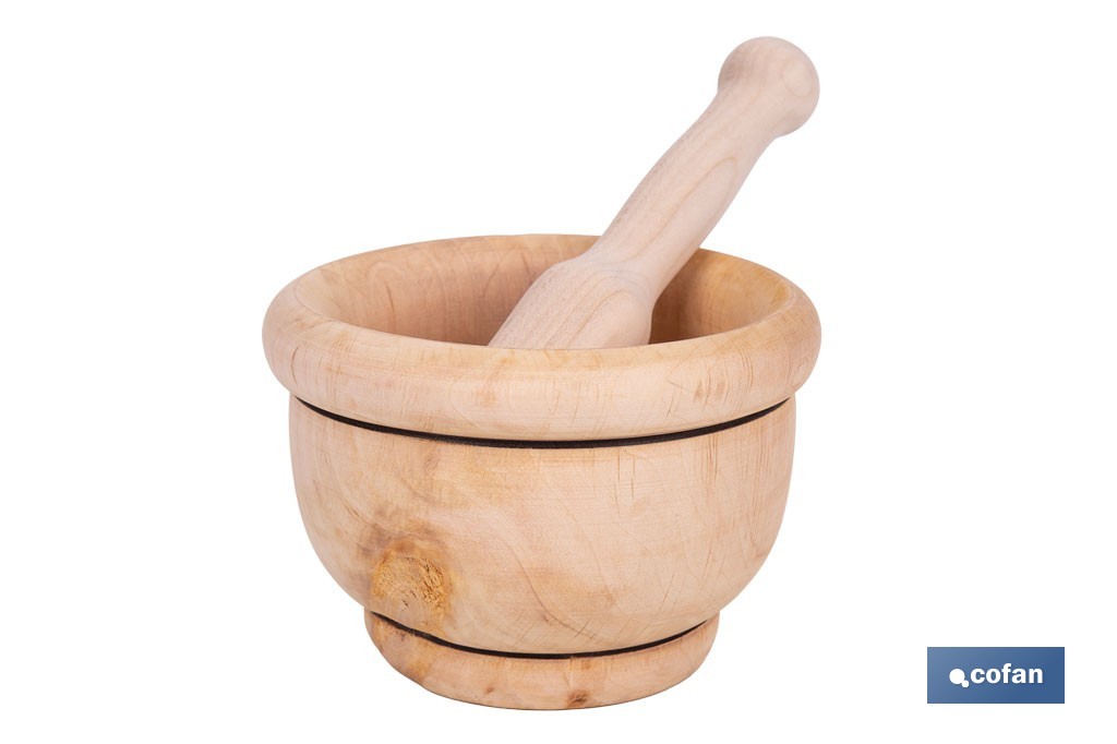 Mortero de madera de abedul con maza. Diámetro: Ø14 cm. Ideal para machacar alimentos - Cofan