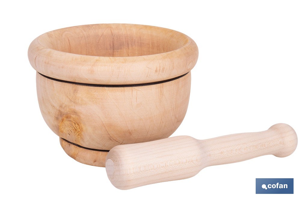 Mortero de madera de abedul con maza. Diámetro: Ø14 cm. Ideal para machacar alimentos - Cofan