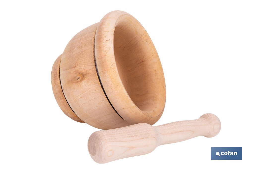 Mortero de madera de abedul con maza. Diámetro: Ø14 cm. Ideal para machacar alimentos - Cofan