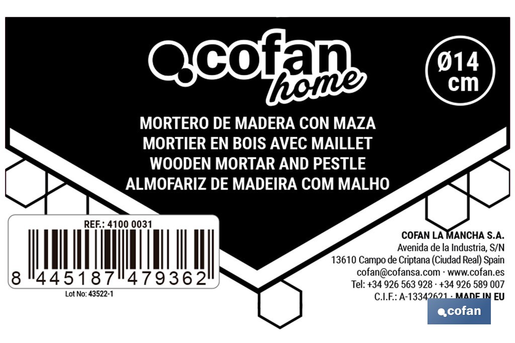 Mortero de madera de abedul con maza. Diámetro: Ø14 cm. Ideal para machacar alimentos - Cofan