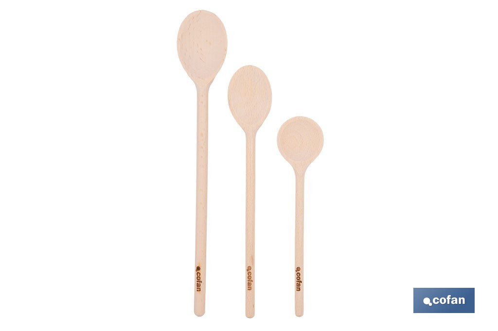 Set de 3 cucharas de madera de álamo | Utensilios de 20 cm, 25 cm y 30 cm | Ideal para remover y mezclar - Cofan