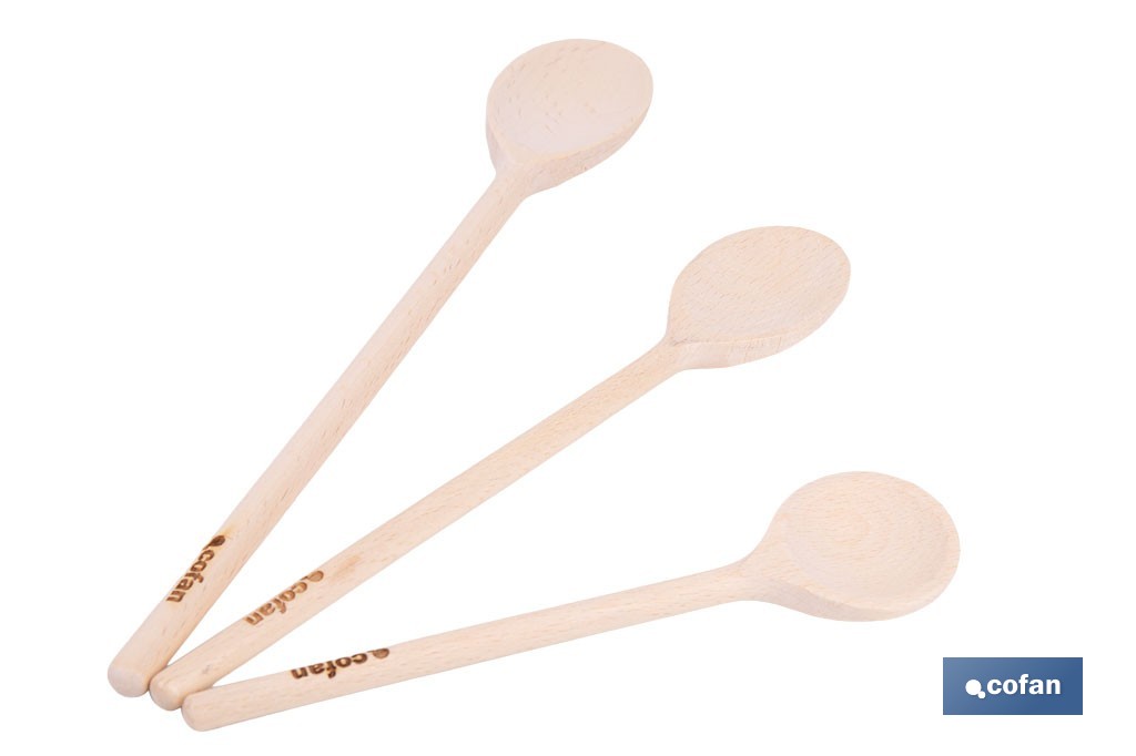 Set de 3 cucharas de madera de álamo | Utensilios de 20 cm, 25 cm y 30 cm | Ideal para remover y mezclar - Cofan