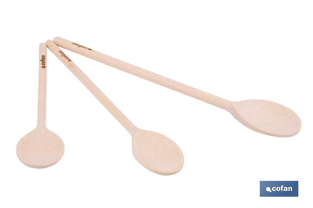 Set de 3 cucharas de madera de álamo | Utensilios de 20 cm, 25 cm y 30 cm | Ideal para remover y mezclar - Cofan