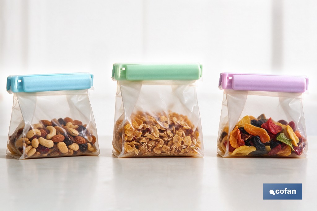 Set de 6 clips cierra bolsas con 2 tamaños diferentes para conservar alimentos - Cofan