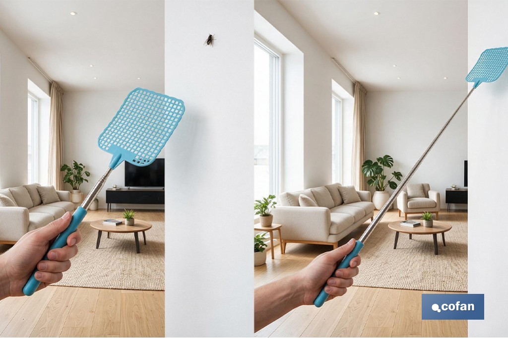 Matamoscas azules con mango telescópico y alcance de hasta 72 cm | Disponible en 3 o 12 unidades - Cofan