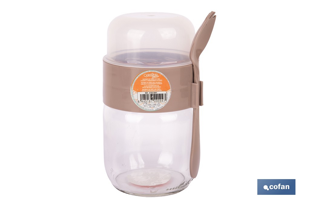 Recipiente de vidrio con 2 compartimentos | Cuchara incluida | Adecuado para llevar comida | Color marrón - Cofan
