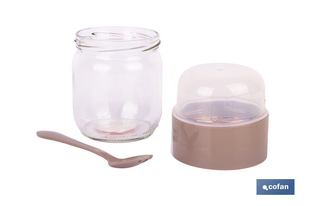 Recipiente de vidrio con 2 compartimentos | Cuchara incluida | Adecuado para llevar comida | Color marrón - Cofan