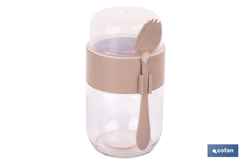 Recipiente de vidrio con 2 compartimentos | Cuchara incluida | Adecuado para llevar comida | Color marrón - Cofan