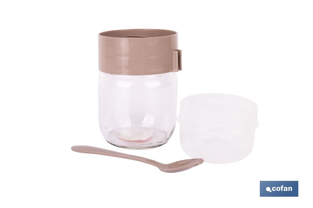 Recipiente de vidrio con 2 compartimentos | Cuchara incluida | Adecuado para llevar comida | Color marrón - Cofan