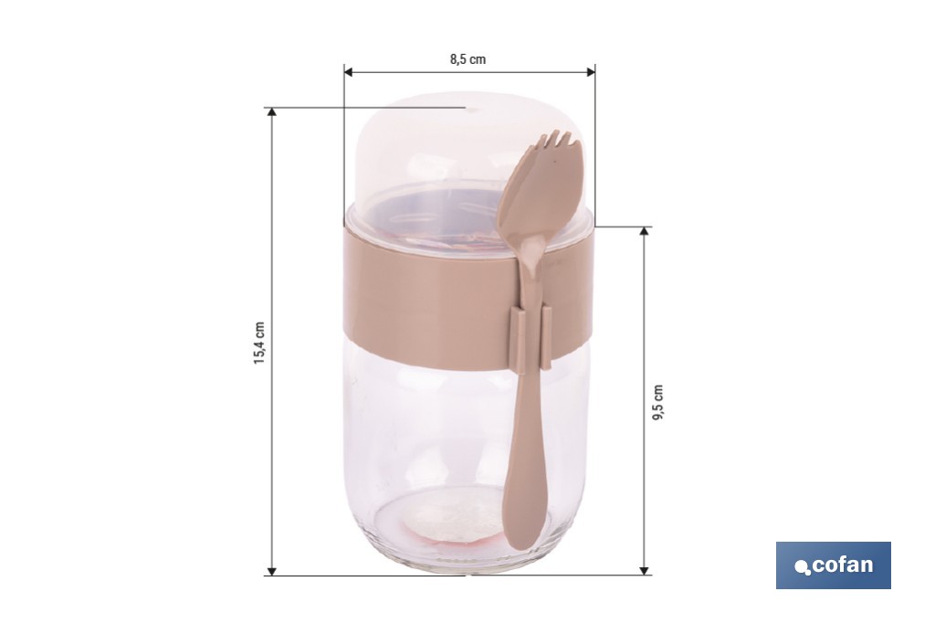 Recipiente de vidrio con 2 compartimentos | Cuchara incluida | Adecuado para llevar comida | Color marrón - Cofan