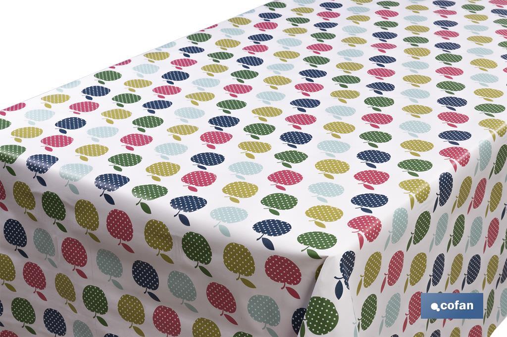 Rollo de semi hule básico | Mantel de PVC | Diseño con manzanas de colores | Medidas: 1,40 x 25 m - Cofan
