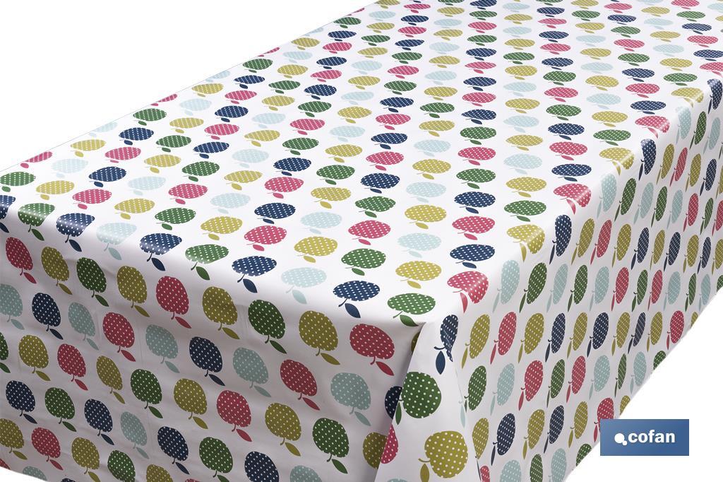 Rollo de semi hule básico | Mantel de PVC | Diseño con manzanas de colores | Medidas: 1,40 x 25 m - Cofan
