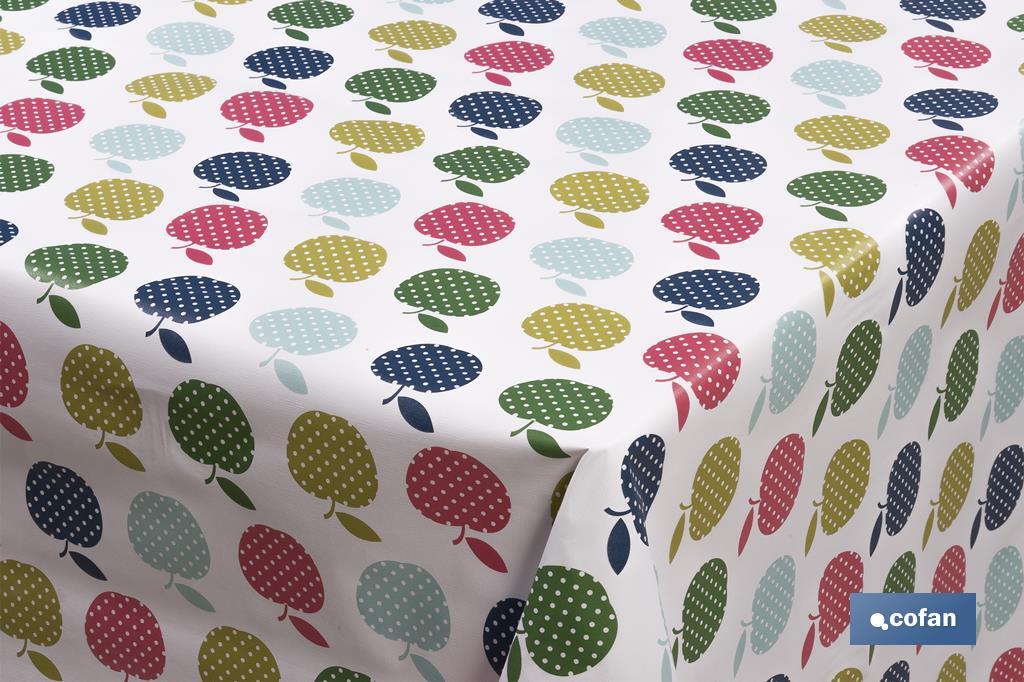 Rollo de semi hule básico | Mantel de PVC | Diseño con manzanas de colores | Medidas: 1,40 x 25 m - Cofan