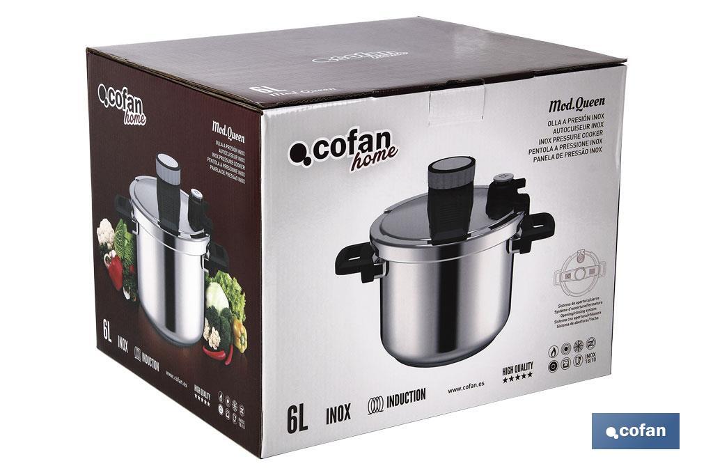 Panela de pressão modelo Queen de 4 ou 6 litros | Aço inox | Indução | Fechamento com uma só mão - Cofan