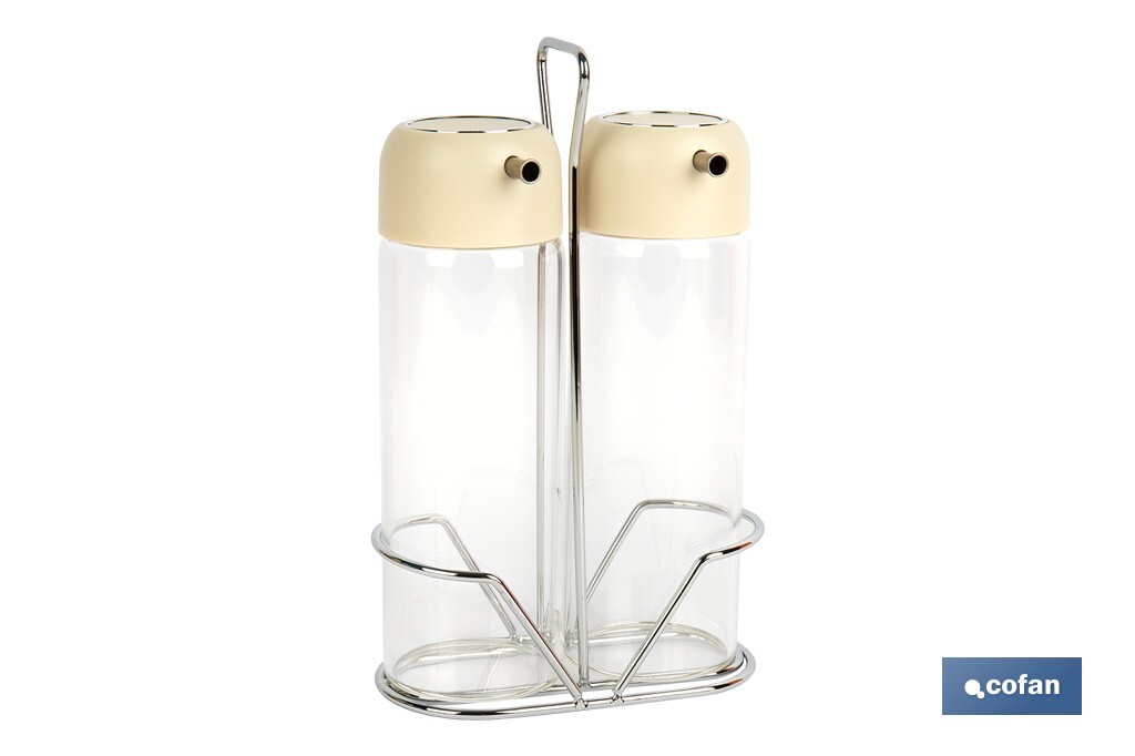 Set de aceitera y vinagrera | Frascos de vidrio borosilicato | Soporte incluido | Tapas de color beige | Juego de 2 piezas | Capacidad: 300 ml - Cofan