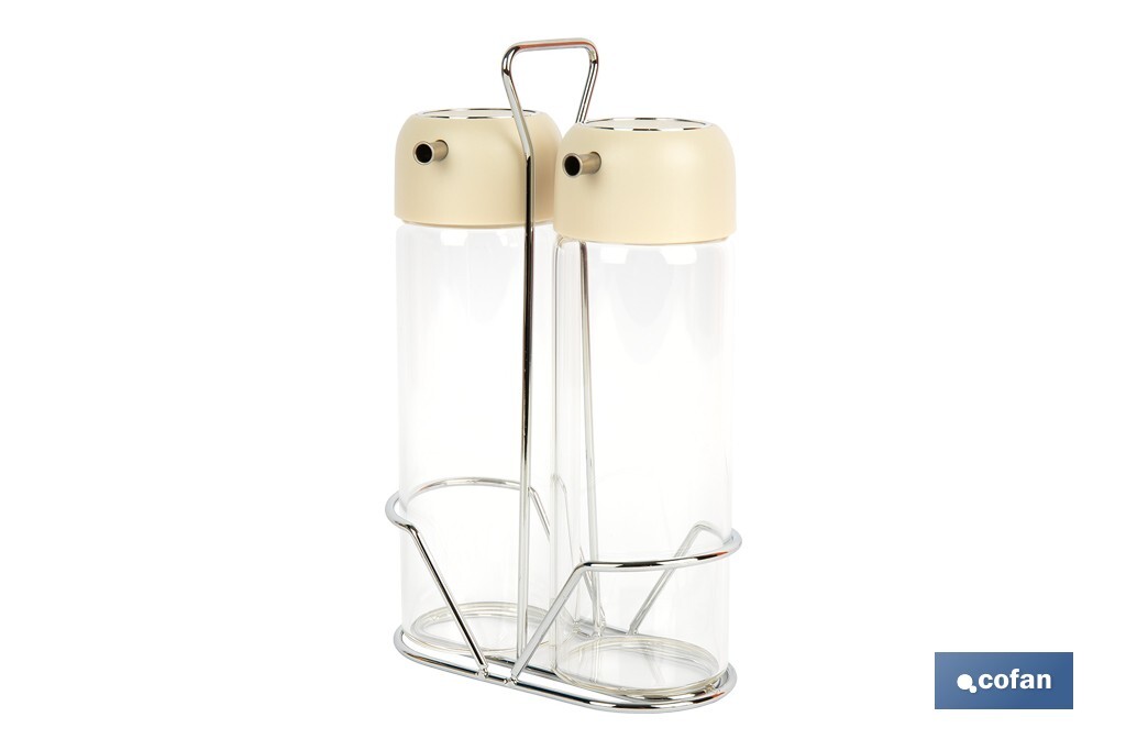 Set de aceitera y vinagrera | Frascos de vidrio borosilicato | Soporte incluido | Tapas de color beige | Juego de 2 piezas | Capacidad: 300 ml - Cofan