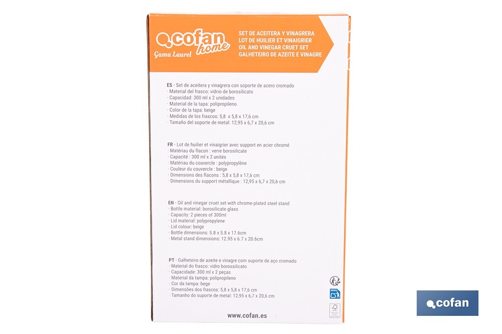 Set de aceitera y vinagrera | Frascos de vidrio borosilicato | Soporte incluido | Tapas de color beige | Juego de 2 piezas | Capacidad: 300 ml - Cofan