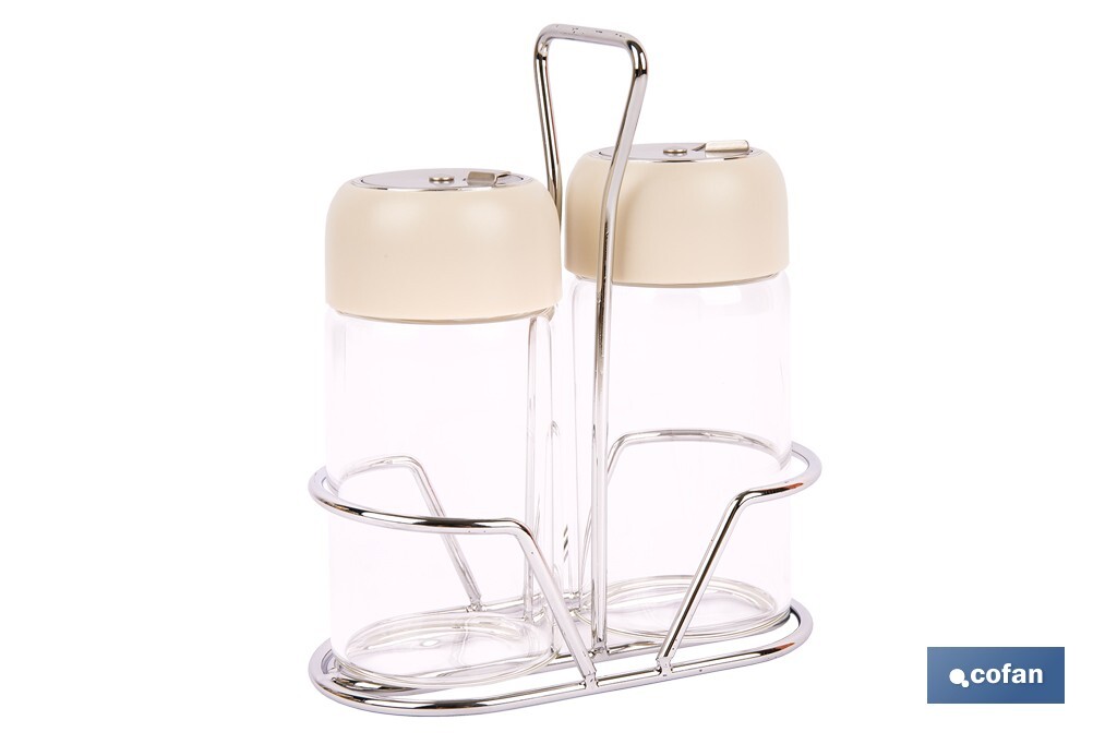 Set de salero y pimentero | Frascos de vidrio borosilicato | Soporte incluido | Tapas de color beige | Juego de 2 piezas | Capacidad: 120 ml - Cofan