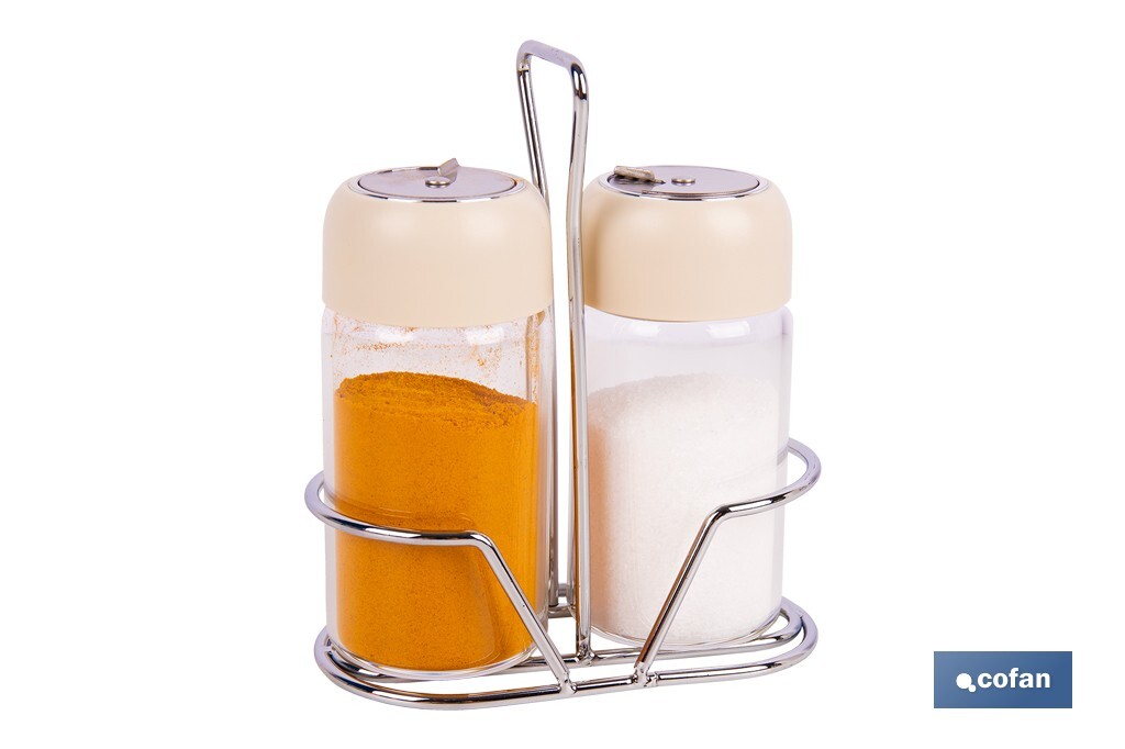 Set de salero y pimentero | Frascos de vidrio borosilicato | Soporte incluido | Tapas de color beige | Juego de 2 piezas | Capacidad: 120 ml - Cofan