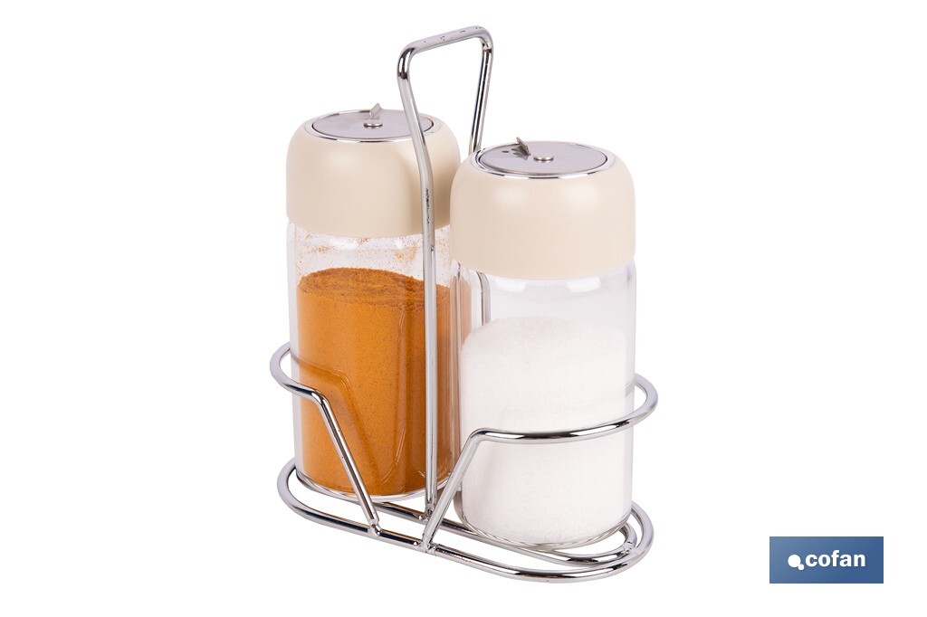 Set de salero y pimentero | Frascos de vidrio borosilicato | Soporte incluido | Tapas de color beige | Juego de 2 piezas | Capacidad: 120 ml - Cofan