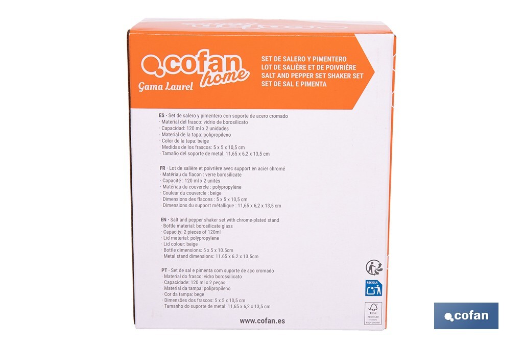 Set de salero y pimentero | Frascos de vidrio borosilicato | Soporte incluido | Tapas de color beige | Juego de 2 piezas | Capacidad: 120 ml - Cofan