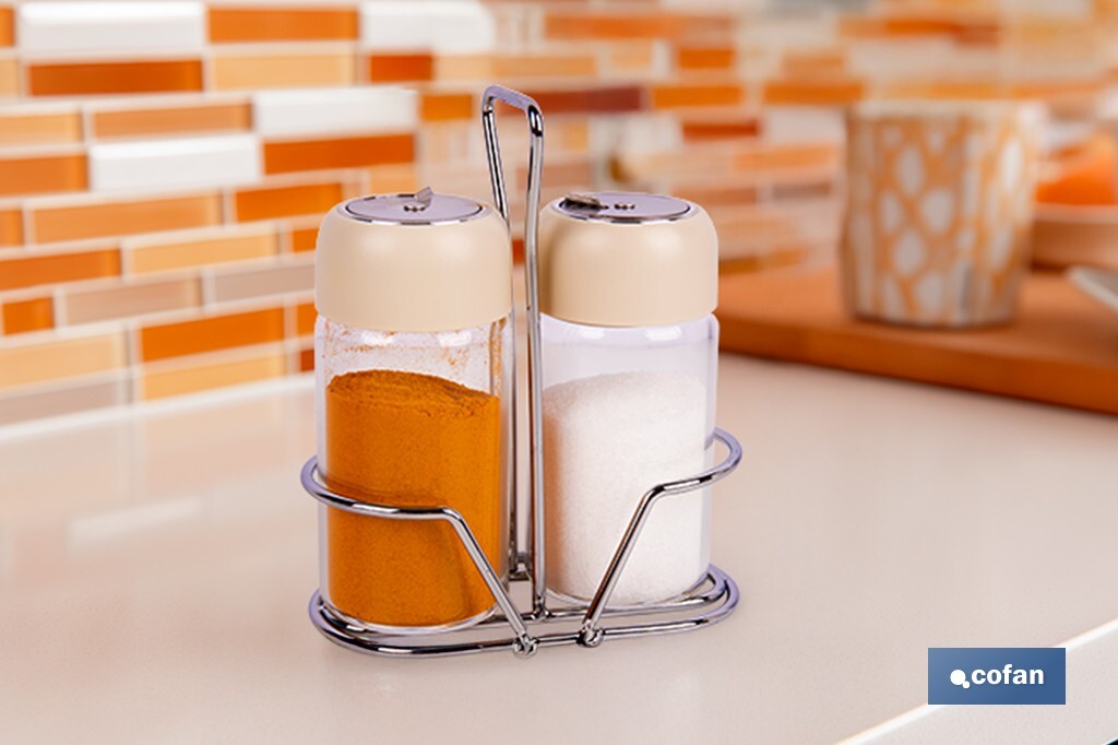 Set de salero y pimentero | Frascos de vidrio borosilicato | Soporte incluido | Tapas de color beige | Juego de 2 piezas | Capacidad: 120 ml - Cofan