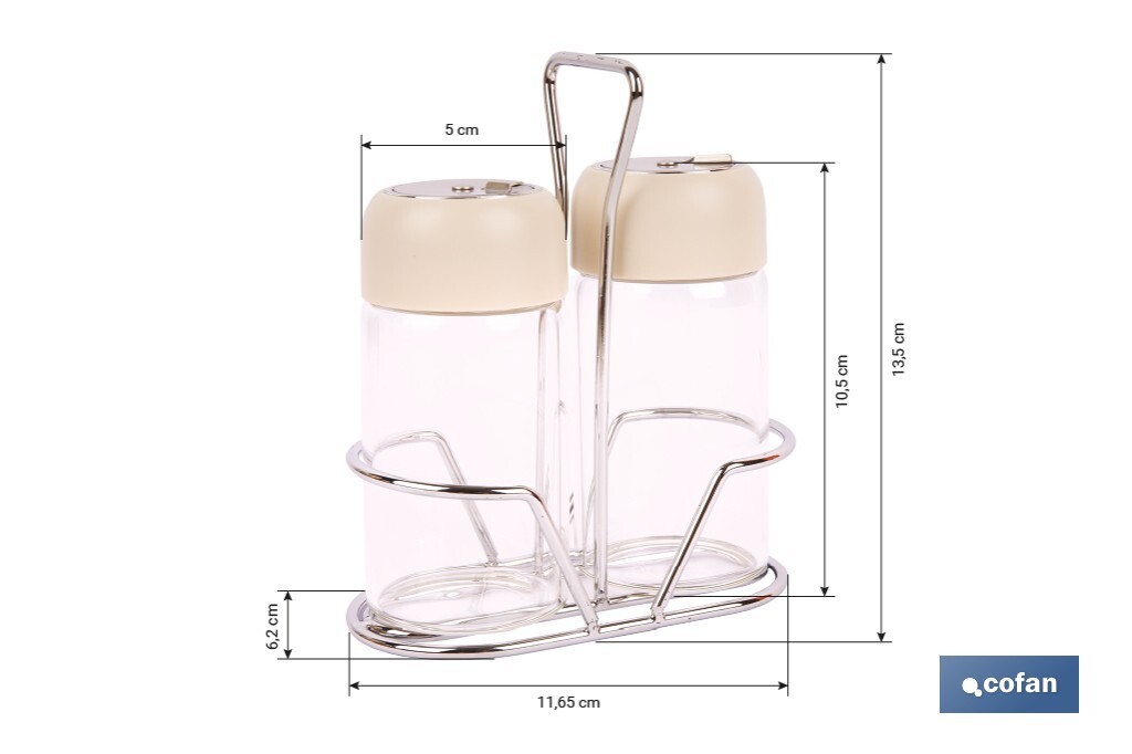 Set de salero y pimentero | Frascos de vidrio borosilicato | Soporte incluido | Tapas de color beige | Juego de 2 piezas | Capacidad: 120 ml - Cofan