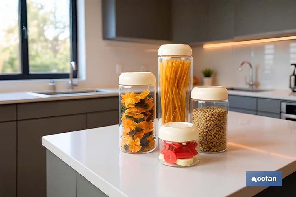 Bote de cocina de vidrio borosilicato | Tapa beige | Cierre a presión | Capacidad: 400 ml | Almacenaje de alimentos | Medidas: Ø10 x 9,6 cm - Cofan
