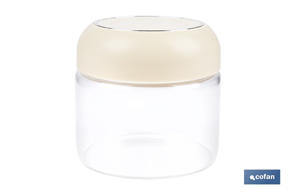 Bote de cocina de vidrio borosilicato | Tapa beige | Cierre a presión | Capacidad: 400 ml | Almacenaje de alimentos | Medidas: Ø10 x 9,6 cm - Cofan