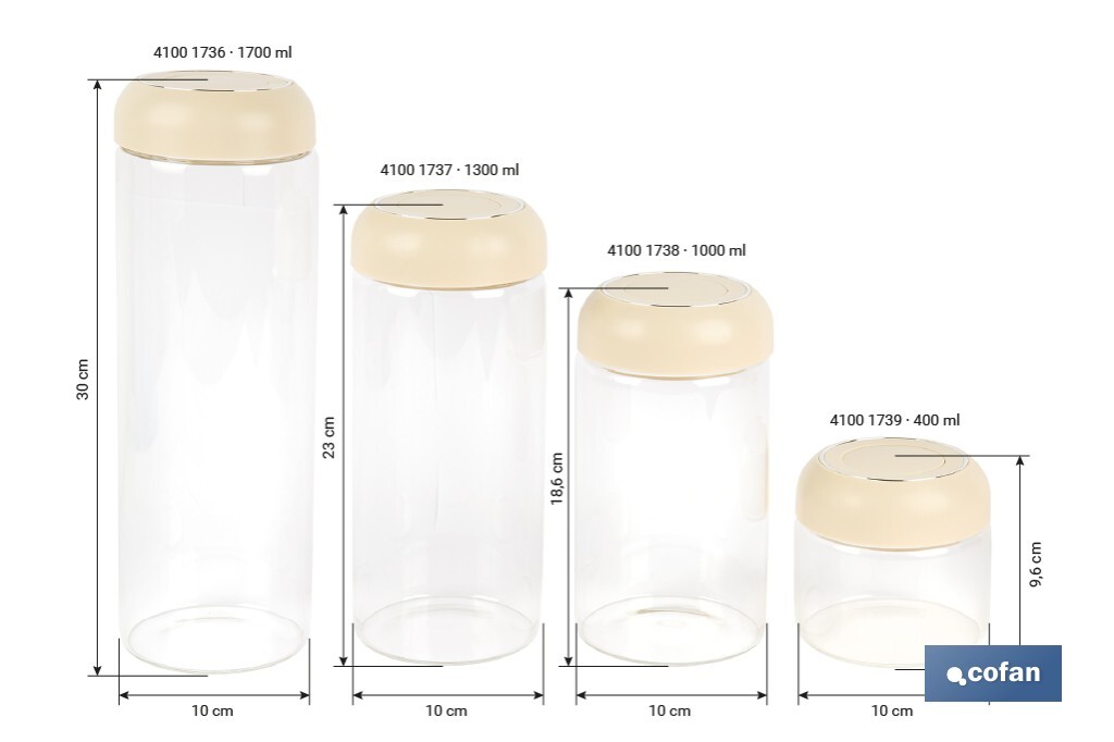 Bote de cocina de vidrio borosilicato | Tapa beige | Cierre a presión | Capacidad: 400 ml | Almacenaje de alimentos | Medidas: Ø10 x 9,6 cm - Cofan