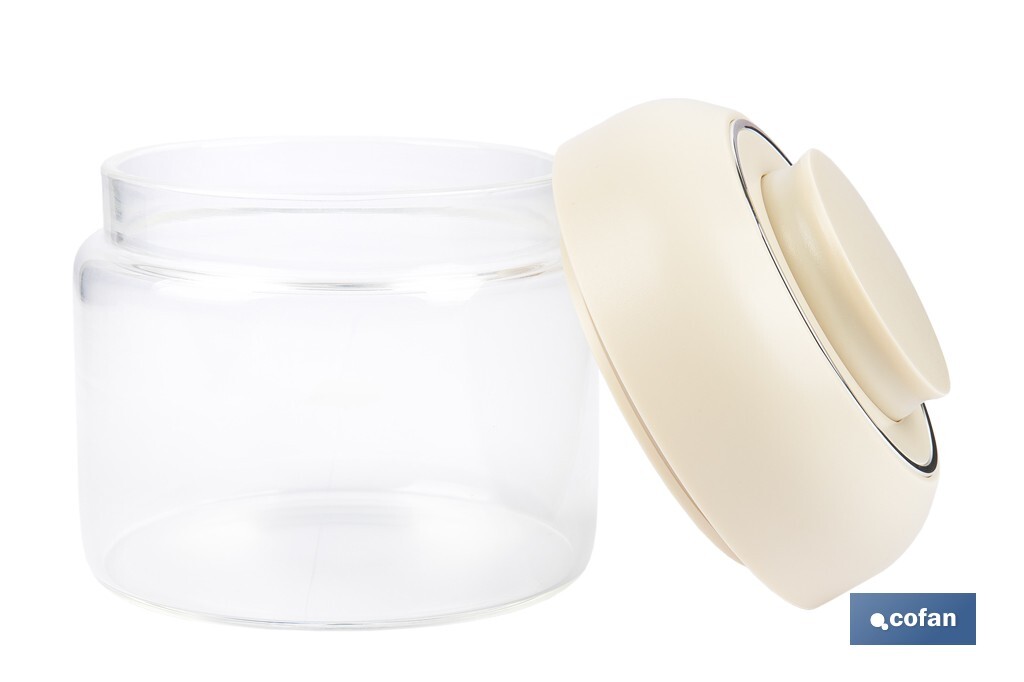 Bote de cocina de vidrio borosilicato | Tapa beige | Cierre a presión | Capacidad: 400 ml | Almacenaje de alimentos | Medidas: Ø10 x 9,6 cm - Cofan