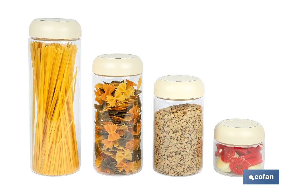 Bote de cocina de vidrio borosilicato | Tapa beige | Cierre a presión | Capacidad: 400 ml | Almacenaje de alimentos | Medidas: Ø10 x 9,6 cm - Cofan