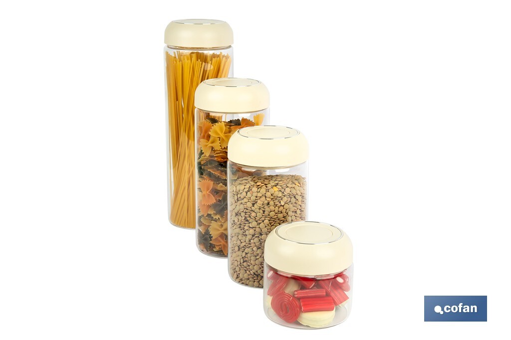 Bote de cocina de vidrio borosilicato | Tapa beige | Cierre a presión | Capacidad: 400 ml | Almacenaje de alimentos | Medidas: Ø10 x 9,6 cm - Cofan