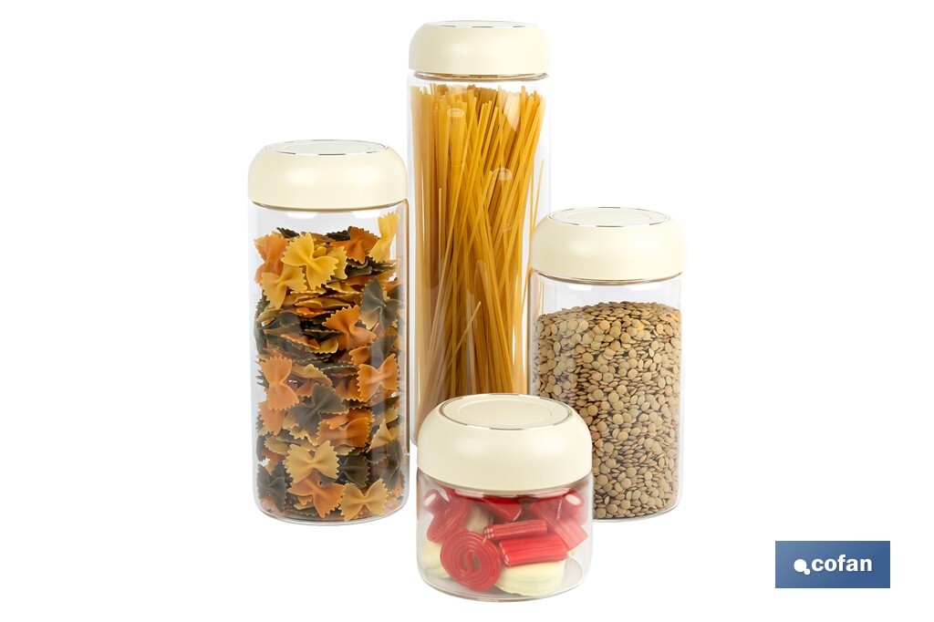 Bote de cocina de vidrio borosilicato | Tapa beige | Cierre a presión | Capacidad: 400 ml | Almacenaje de alimentos | Medidas: Ø10 x 9,6 cm - Cofan