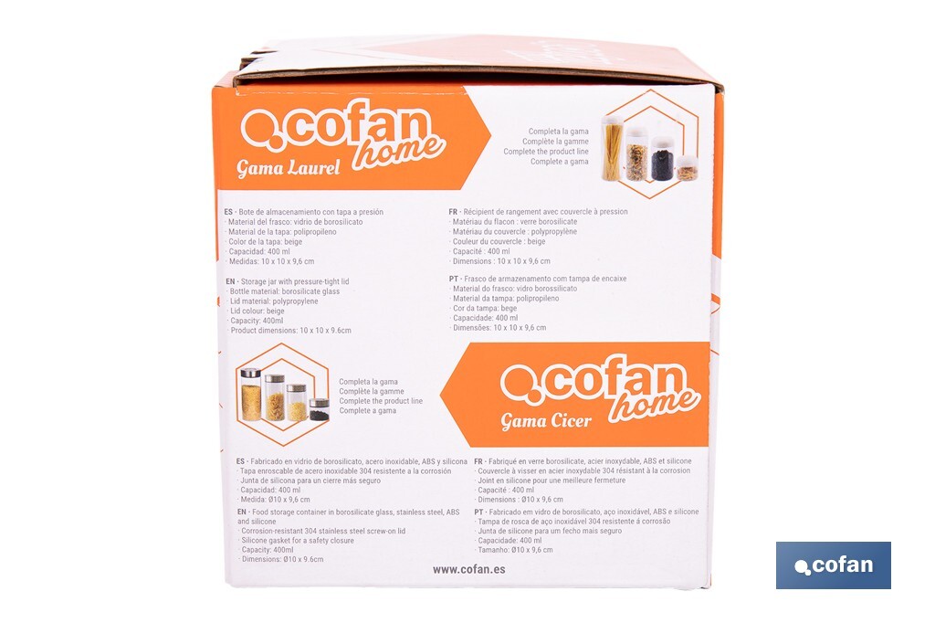Bote de cocina de vidrio borosilicato | Tapa beige | Cierre a presión | Capacidad: 400 ml | Almacenaje de alimentos | Medidas: Ø10 x 9,6 cm - Cofan