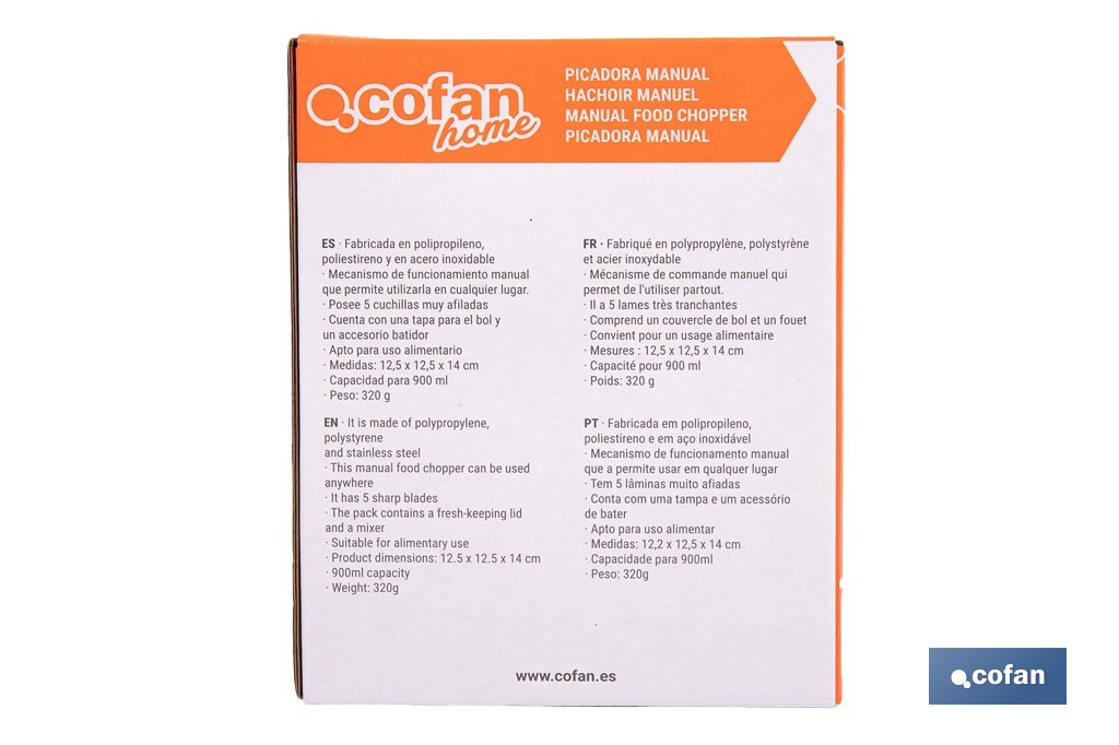 Tritatutto manuale per alimenti | Include coperchio e fruste | Capacità: 900 ml - Cofan