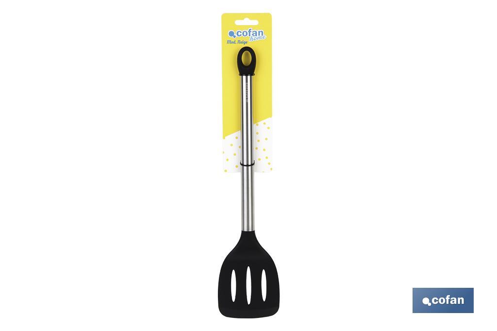 Paleta de Cocina Ranurada | Modelo Neige | Silicona con Mango Inox | Medida 35 cm | Resistente hasta 220ºC - Cofan