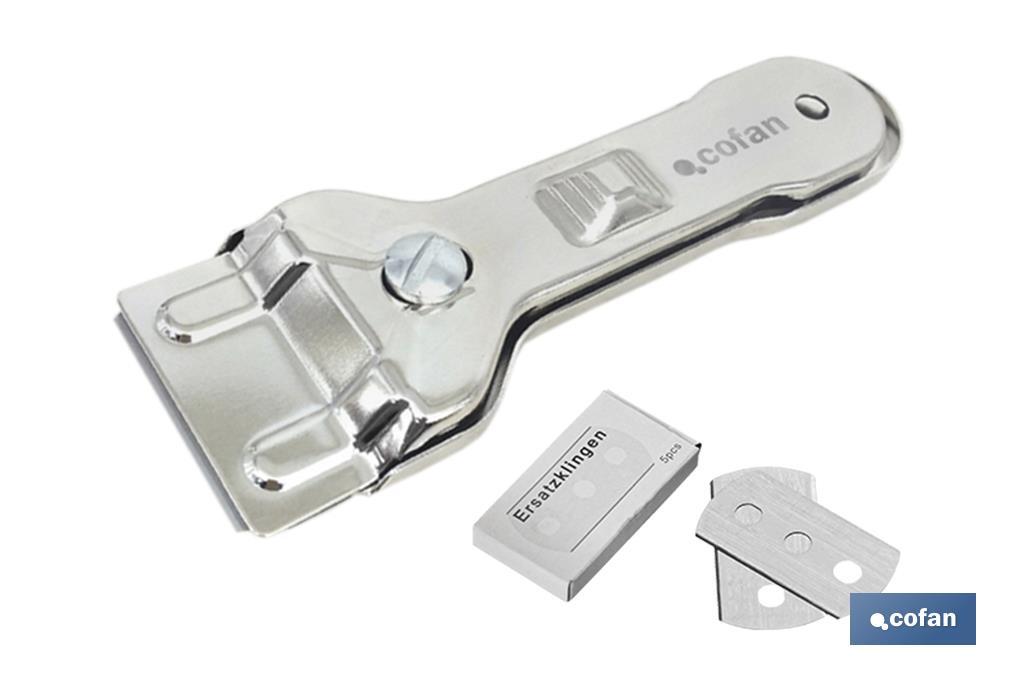 Rasqueta de Vitrocerámica Modelo Sena | Incluye 5 cuchillas | Acero Inox y Niquel | Medidas 13,5 x 4,5 cm - Cofan