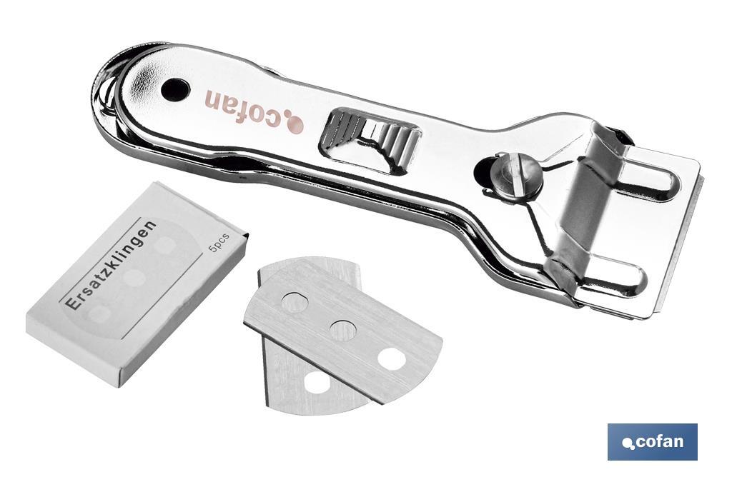 Rasqueta de Vitrocerámica Modelo Sena | Incluye 5 cuchillas | Acero Inox y Niquel | Medidas 13,5 x 4,5 cm - Cofan