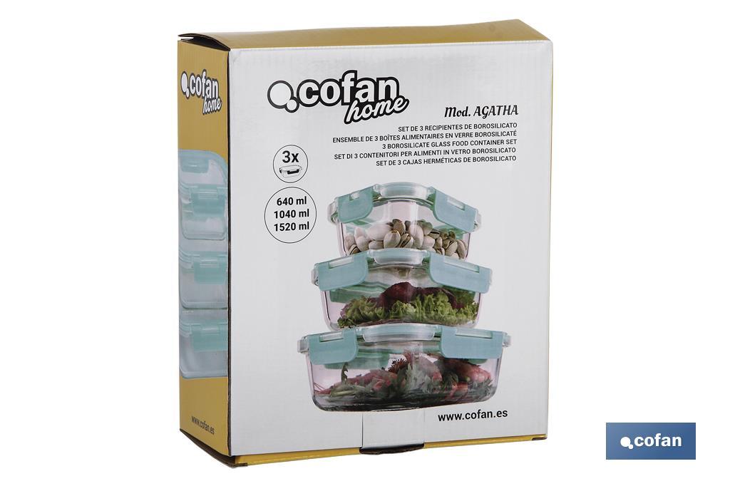 Set de 3 Fiambreras Rectangulares de Borosilicato | Modelo Agatha | Capacidad 640-1040-1520 ml - Cofan